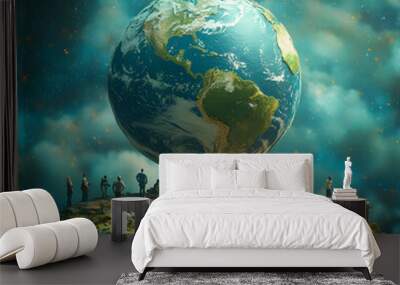 People with Earth and Eco friendly Project Goals concept as A group of people setting eco friendly project goals with an earth model set against a dreamy background offering ample space for text or gr Wall mural