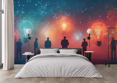 People with Glowing Meeting Tools and Beaming Faces concept as A group of people using glowing meeting tools with beaming faces set against a whimsical background offering ample space for text or grap Wall mural