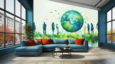 People with Watercolor Earth and Green Projects concept as A group of people discussing watercolor earth and green projects set against a dreamy background offering ample space for text or graphics sy Wall mural