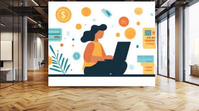 Person with Credit Card and Laptop concept as A person using a credit card and laptop for financial services set against a plain background with space for text or design elements. in  Simple flat vect Wall mural