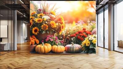 Photo Realistic as Autumn garden with a variety of colorful flowers concept as A vibrant autumn garden filled with a variety of colorful flowers capturing the essence of Thanksgiving perfect for busin Wall mural