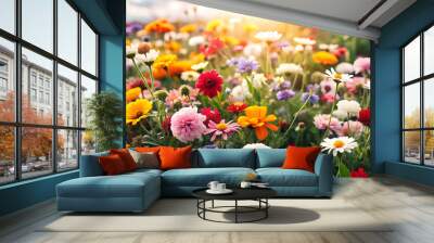 Photo Realistic as Blooming field with colorful flowers concept as A vibrant field filled with blooming colorful flowers representing joy and celebration perfect for business presentations needing a c Wall mural