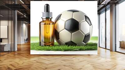 Photo Realistic as Essential oil bottle and soccer ball concept as An essential oil bottle paired with a soccer ball combining wellness and sport themes for a clean and isolated vector design. in  Pho Wall mural