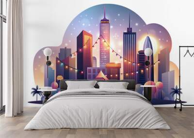 Photo Realistic as Golden sunset over a festive cityscape concept as A dynamic cityscape with the warm hues of sunset and festive decorations symbolizing celebration and success perfect for business p Wall mural