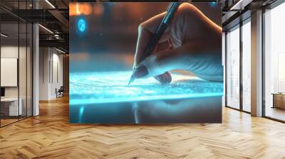 Photo Realistic as Hand Signing Contract with Holographic Document Icon and Pen Icon concept as A photo depicting a hand signing a contract with a glossy glowing holographic document icon and pen icon Wall mural