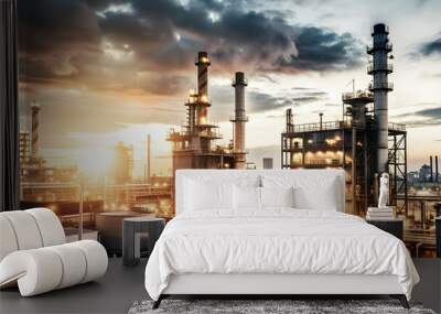 Photo Realistic as Industrial skyline at dusk concept as A dynamic industrial skyline at dusk symbolizing progress and hard work ideal for business presentations needing a clean and professional backg Wall mural