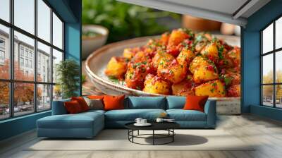 Photo realistic concept of glossy patatas bravas plate   crispy potatoes in spicy tomato sauce on white plate, garnished with parsley for luxurious appetizer   Stock Photo Concept Wall mural