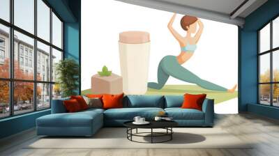 Simple flat vector illustration as Protein shake and yoga block concept as A protein shake and a yoga block representing the synergy of nutrition and flexibility in wellness and sport ideal for isolat Wall mural