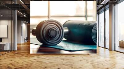 Simple flat vector illustration as Yoga mat and dumbbell concept as A yoga mat paired with a dumbbell symbolizing the blend of wellness and fitness ideal for designs needing a clean and isolated backg Wall mural