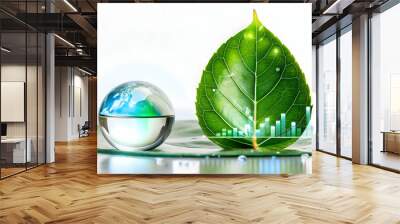 Sleek Flat Illustration: Glossy Leaf & Water Droplet with Holographic Hydration & Growth Data on White Background - Ideal for Environmental Sustainability Content - Vector Illustration in Smart Busine Wall mural