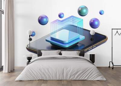 Suspended smart device with holographic display on an isolated white background concept as A smart device floating mid air with a holographic display projecting from it all isolated on a white backgro Wall mural