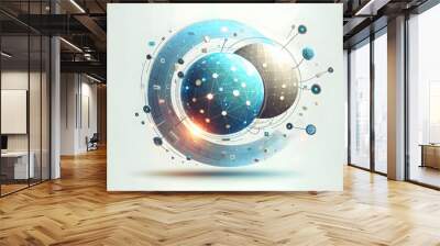 Two Floating Digital Spheres Connected by Glowing Nodes on White Background - Symbolizing Data Transfer and Network Connectivity in Frontier Technology - Rotating Camera Captures Connection in Flat Ve Wall mural