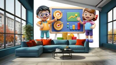 Two Optimistic Kids Setting Financial Goals on Digital Board with Vibrant Abstract Background - Inspiring Photo Stock Concept for Kids Financial Literacy Wall mural