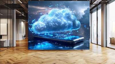 Vector illustration of cloud computing integrated with mobile technology showcasing smartphone and cloud icons for connectivity and mobility in a photorealistic concept on Adobe St Wall mural