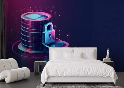 Vector illustration: Secure database icon with database symbol and lock for cyber security protection. Wall mural