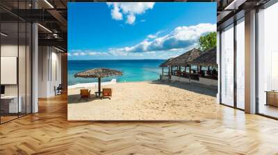 Two deck chairs on a sandy beach in Vanuatu. Copy space for text. Wall mural