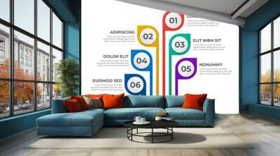 6 points of list, step diagram, infographic element template vector with colorful leaves design, can be used for presentation or social media post. Wall mural