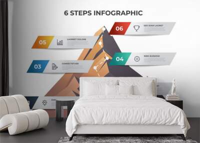 Infographic element template with mountain illustration, 6 steps diagram can be used for presentation, brochure, etc. Wall mural