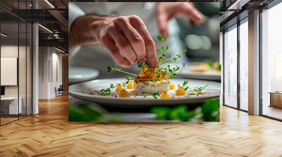 Chef hand decorated a fish dish generative ai  Wall mural