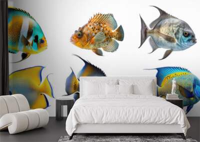 Collection of colorful fish on a transparent or white background Wall mural