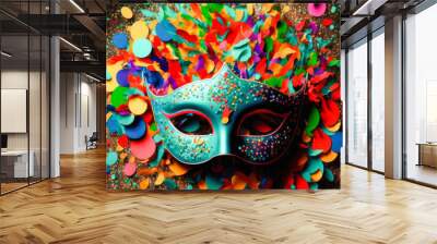 Colorful confetti and carnival mask, banner, background, generative ai  Wall mural