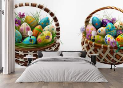 Easter basket with hand painted eggs multicolored and spring flowers on a transparent or white background Wall mural