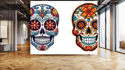 Mexican skulls set. Dia de los muertos shugar colorful heads on transparent background Wall mural