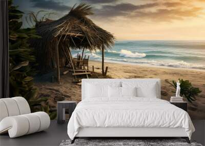 The beautiful exotic beach and the ocean with waves, generative ai Wall mural