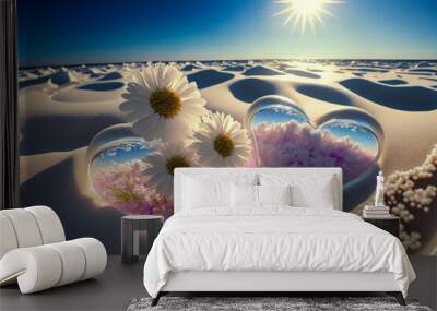 Two glass hearts with flowers on the beach, valentine's day concept, lovers, generative ai Wall mural