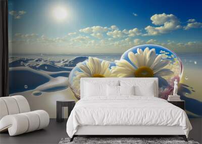 Two glass hearts with flowers on the beach, valentine's day concept, lovers, generative ai Wall mural