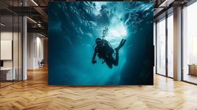 A diver diving in the deep sea , underwater, exploration, adventure Wall mural