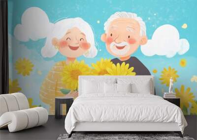 A happy elderly couple holding yellow chrysanthemums in the sun, surrounded by blue sky and white clouds, cartoon character design, bright and cheerful  Wall mural