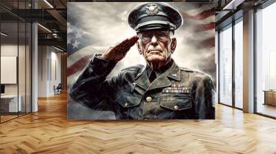 A portrait of a war veteran with formal military outfit giving salute with USA flag in the background Wall mural