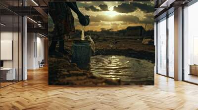 An African getting water from a small source of water between dry land, water sustainability ,drought Wall mural