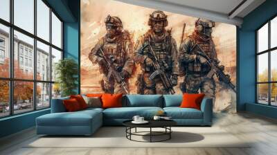 Illustration of soldiers carrying rifle patroling Wall mural