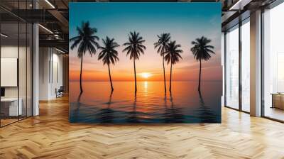 row of palm trees sunset on the beach, AI Generated Wall mural