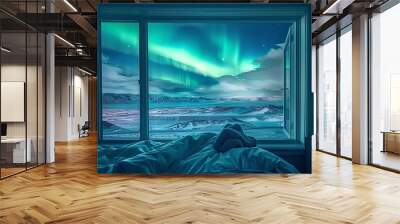 View of Iceland's Nature landscape from a hotel window with aurora Wall mural