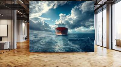 Cargo ship sailing on the ocean under cloudy sky Wall mural