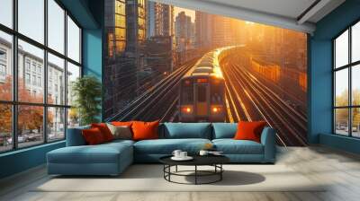 Sunlit train traveling through an urban cityscape at golden hour Wall mural