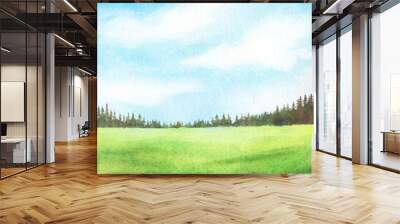 Abstract watercolor background with grass green field and blue sky with clouds, spruce trees hand drawn illustration Wall mural