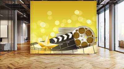 cinema golden background with retro filmstrip, clapper and star Wall mural