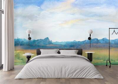 watercolor green field landscape background with abstract trees and blue sky Wall mural