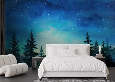 watercolor illustration spruce forest landscape with night stars sky with light in the morning Wall mural