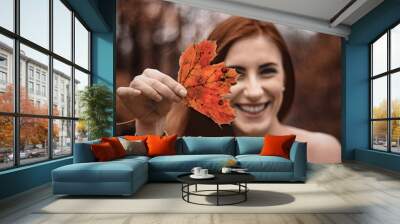 a happy girl relaxed in forest Automn Wall mural