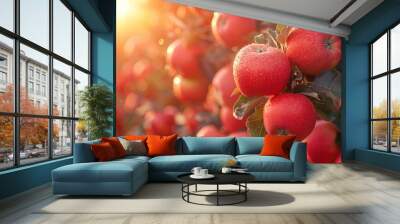 A close-up shot of a branch of red apples with dew drops on them, bathed in warm sunlight. Wall mural