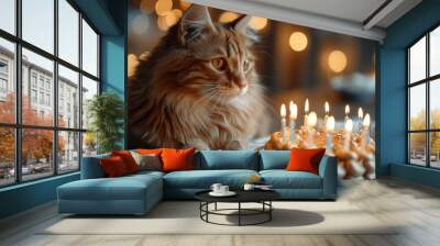 A cute ginger cat with golden eyes stares intently at a birthday cake with lit candles. Wall mural