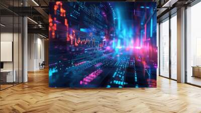 A futuristic abstract background with glowing neon lights and digital code. Wall mural