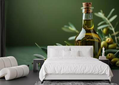 A glass bottle of olive oil with fresh olives and olive branches on a green background. Wall mural