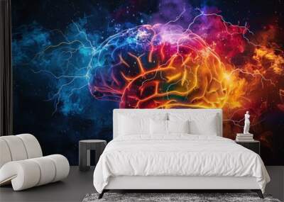 A human brain illustration with vibrant colors and lightning bolts, representing a powerful mind. Wall mural