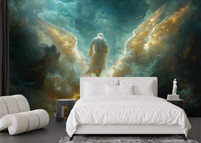 A lone figure ascends a staircase of light, their back to the viewer, towards a bright, ethereal sky. Wall mural